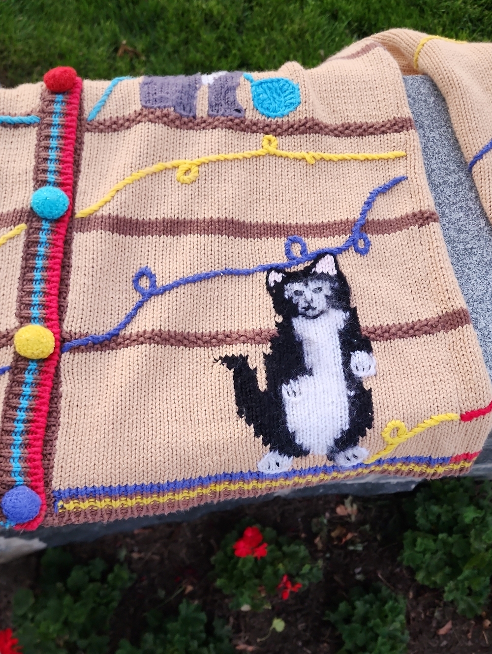 Storybook Knits Beige Cat Embroidered Cardigan with Multicolor Trim - Picture 13 of 16